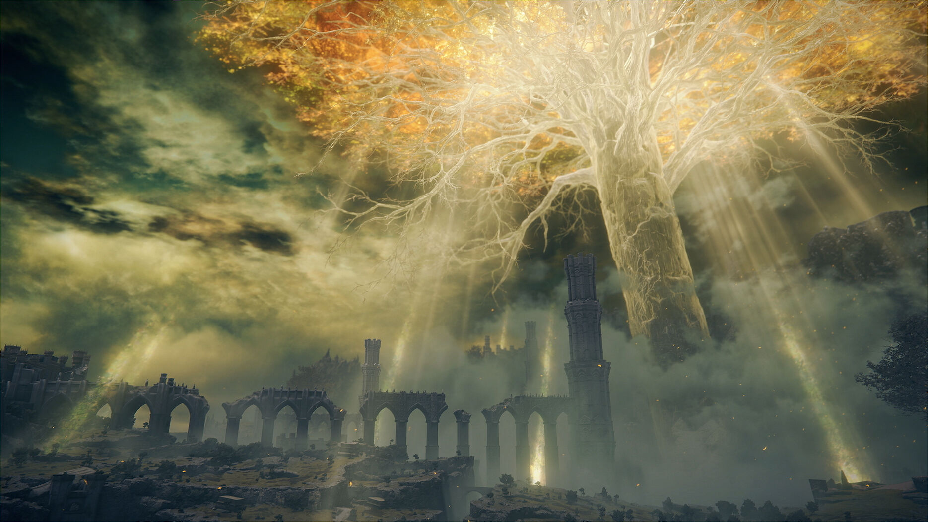 scene from elden ring with a large glowing tree coming from the ground